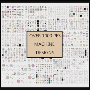 Op de afbeelding: Een raster van machineborduurontwerpen, met verschillende vormen en thema's. De afbeelding bevat de tekst "OVER 1000 PES MACHINE DESIGNS" in een bruin rechthoek. Ontwerpen omvatten harten, bloemen, dieren en geometrische vormen, in verschillende kleuren.