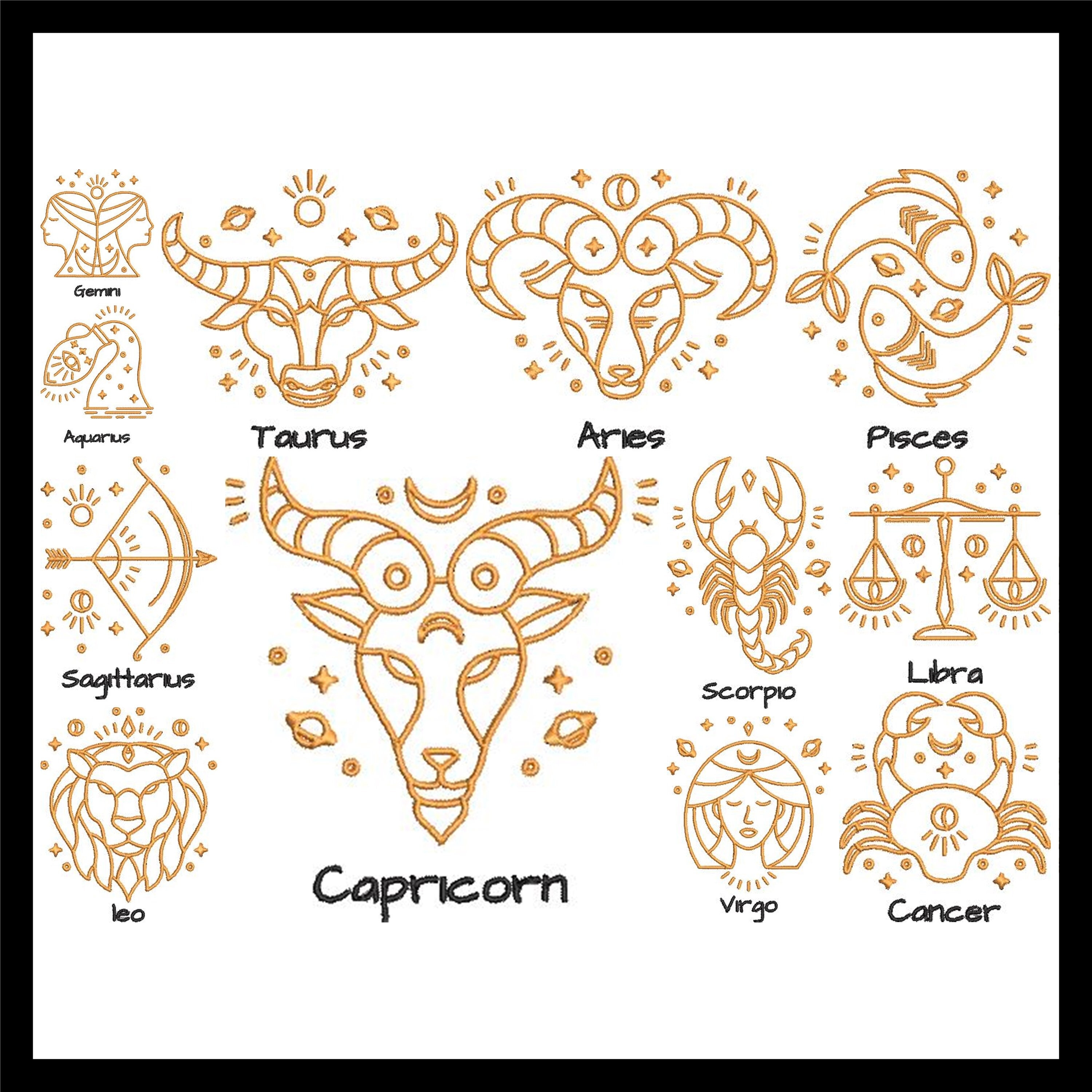 Zodiac Constellation Embroidery Designs: 12 Astrological Signs Bundle for Machine Stitching