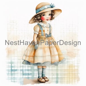 Vintage aquarelle filles Clipart imprimable JPG pour travaux manuels journaux décoration de ferme