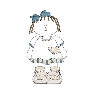 May include: A simple line drawing of a doll with brown hair, a blue bow, a white dress with blue stripes, and a small heart on the front. The doll is wearing white shoes with a scalloped edge.