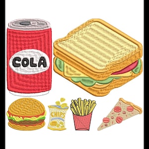 May include: A red can of cola, a sandwich with lettuce, tomato, and cheese, a hamburger, a bag of crisps, a red container of chips, and a slice of pizza with pepperoni.