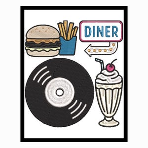 May include: An embroidered design featuring a burger, fries, a diner sign, a vinyl record, and a milkshake with a cherry. The diner sign has the word "DINER" in blue letters. The design is in a black frame.