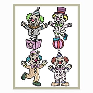 Puede incluir: Un diseño bordado con cuatro figuras de payasos coloridos. Uno sale de una caja sorpresa, otro se equilibra sobre una pelota y otros dos están de pie con los brazos extendidos. Cada payaso tiene un atuendo y un sombrero únicos, con colores brillantes y expresiones alegres.