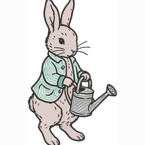May include: An embroidered illustration of a rabbit in a light blue jacket, holding a silver watering can. The rabbit is light pink with black whiskers and eyes. The image is on a white background.