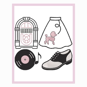 May include: An illustration of a jukebox, poodle skirt, vinyl record, musical note, and saddle shoe. The jukebox and saddle shoe are black and white. The poodle skirt and record centre have pink accents. The image is framed in pink.