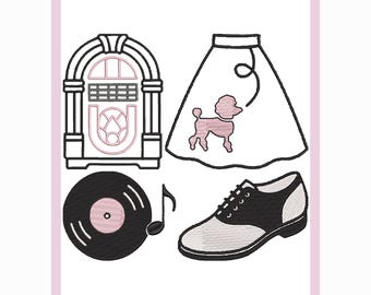 May include: An illustration featuring a jukebox, poodle skirt, vinyl record, musical note, and saddle shoe. The jukebox and saddle shoe are black and white. The poodle skirt and record center have pink accents. The image is framed in pink.