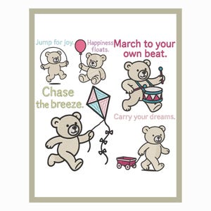 Puede incluir: Ilustración enmarcada con osos de peluche de dibujos animados en varias poses. Uno salta a la cuerda, otro sostiene un globo y un tercero toca un tambor. El texto incluye "Jump for joy", "Happiness floats" y "March to your own beat."
