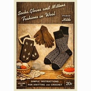 May include: Vintage advertisement for knitting and crochet patterns. The image features brown gloves, socks, and mittens, along with yarn, scissors, and a pincushion. Text includes "Socks, Gloves and Mittens Fashions in Wool" and "Simple Instructions for Knitting and Crochet."