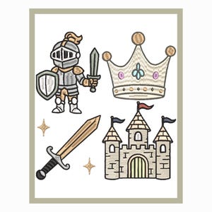 May include: Embroidered design featuring a knight in silver armor with a shield and sword, a gold crown, a gold sword, a castle with flags, and star accents. The design is set against a white background with a light gray border.