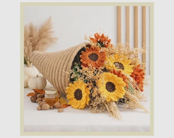 Crochet Cornucopia with Sunflowers Pattern PDF, Fall Harvest Centerpiece, Thanksgiving Crochet Decor, Sunflower Arrangement, Autumn Decor
