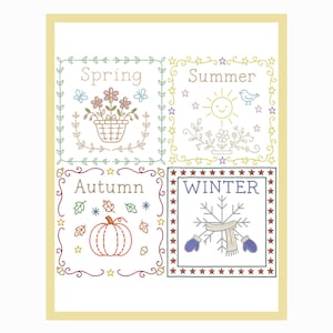 May include: A framed illustration featuring four panels, each representing a season. Spring shows flowers in a basket, Summer has a sun and bird, Autumn displays a pumpkin, and Winter features a snowflake and mittens.