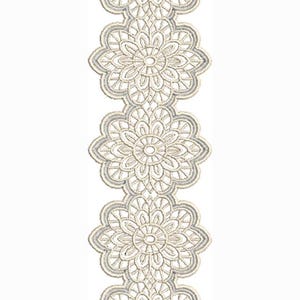 May include: Cream-colored floral lace table runner. The runner features a repeating pattern of stylized flower shapes with a scalloped edge. The design is detailed and delicate, suitable for a dining table or decorative display.