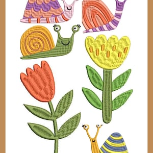 May include: Embroidered designs of colorful snails and flowers on a white background. The snails have patterned shells in shades of purple, orange, yellow, and blue. The flowers are orange and yellow with green stems and leaves. The designs are likely for embroidery projects.