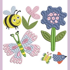 May include: Embroidered designs of a bee, butterflies, flowers, and a bird. The bee is yellow and black with a smiling face. The butterflies have pink, blue, and green wings. The flowers are pink and blue. The bird is blue and orange.