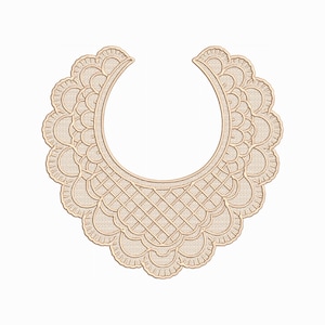 May include: A beige, embroidered collar with a scalloped edge and a geometric pattern. The collar is a semi-circle shape, designed to be worn around the neck. The embroidery has a textured appearance.