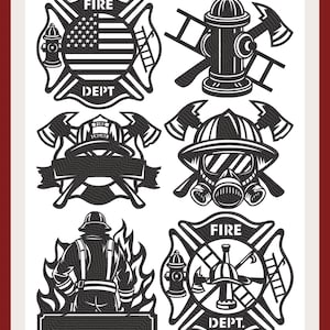 以下が含まれることがあります： 消防士のエンブレムの白黒イラストが5つ。エンブレムには、消火栓、斧、消防士のヘルメット、ガスマスクをつけた消防士、そして「FIRE DEPT」という文字が入った斧と梯子が交差しているものが描かれている。