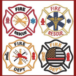 May include: Four embroidered patches with a fire department theme. Each patch features a red, white and blue fire department cross with different symbols in the centre. The symbols include a firefighter's helmet and axe, a medical caduceus, a firefighter's helmet and trumpet, and an American flag with a red stripe.