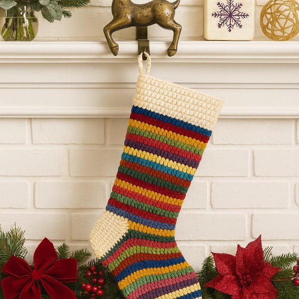 Scrappy Striped Christmas Stocking Crochet Pattern — Colourful Scrap Yarn Holiday Stocking with Cuff