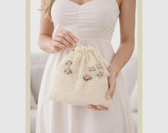 Vintage Crochet Rose Drawstring Purse Pattern PDF, Floral Crochet Handbag, Victorian Style Bag, Crochet Evening Purse, Retro Purse Pattern
