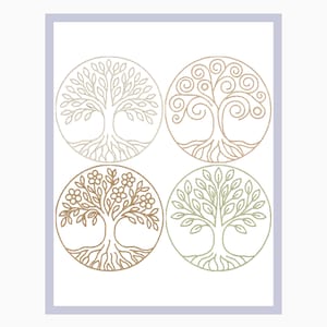 May include: Four circular tree of life designs in shades of brown and green, each with a unique leaf or branch pattern. The designs are set against a white background with a light purple border.