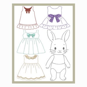May include: An illustration featuring four dresses and a bunny. The dresses are white, blue, and cream-colored, each with a bow. The bunny is white with long ears and a smiling face. The image is outlined with a dotted stitch.