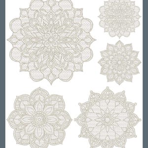 Peut inclure: Cinq motifs circulaires beiges brodés avec des motifs complexes. Les motifs présentent des éléments floraux et géométriques, avec un aspect texturé. Les motifs varient en taille et en complexité, mettant en valeur le savoir-faire. Le fond est blanc.