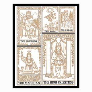 May include: A framed print featuring five tarot cards: The Emperor, The Fool, The Empress, The Magician, and The High Priestess. Each card is illustrated in a detailed, line-art style with gold-colored ink on a white background. The frame is black.