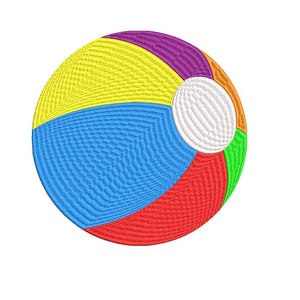 May include: A colorful beach ball with red, yellow, blue, green, purple, and white sections. The ball is made of a textured material.