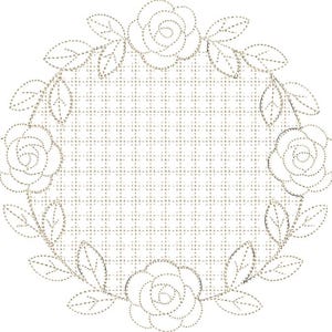 以下が含まれることがあります： 点線で作成された、バラと葉の円形の花柄デザイン。 デザインは格子状の背景を持ち、花と葉は円の縁に沿って配置されています。 全体的な配色パターンは、白の背景に淡いベージュです。