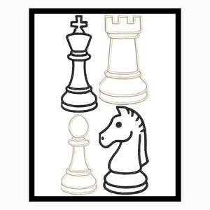 Pode incluir: Desenho a traço preto e creme de peças de xadrez: um rei, uma torre, um peão e um cavalo. As peças de xadrez são delineadas em preto com um preenchimento creme. A imagem está em um fundo branco e emoldurada com uma borda preta.