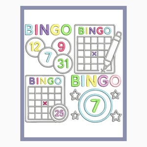 Può includere: Un design colorato a tema bingo con la parola "BINGO" in vari colori. L'immagine include cartelle di bingo, cerchi numerati e stelle. Una matita è disegnata accanto a una cartella di bingo. I numeri includono 7, 9, 12, 25 e 31.
