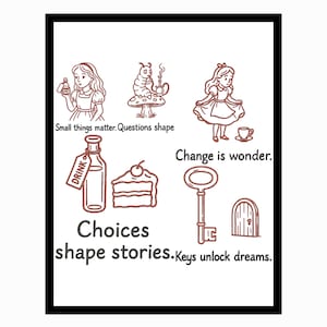 May include: A white framed print featuring brown line drawings of Alice in Wonderland characters and objects. Text includes "Small things matter. Questions shape", "Change is wonder", and "Choices shape stories. Keys unlock dreams."