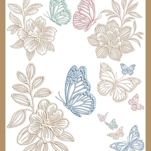 May include: An illustration featuring detailed line art of flowers and butterflies in various sizes and colors. The butterflies are in shades of blue, pink, and green. The flowers are in a neutral beige color. The background is white.