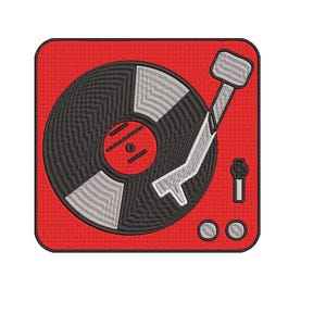 May include: Red vinyl record player with a black vinyl record and a silver tone arm. The record player has two silver tone buttons.