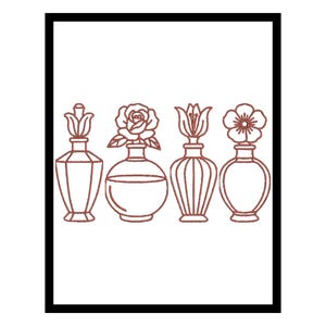 Puede incluir: Ilustración enmarcada con cuatro botellas de perfume decorativas con tapones florales. Las botellas son marrones sobre un fondo blanco. Los tapones presentan diseños de tulipanes, rosas y otras flores.