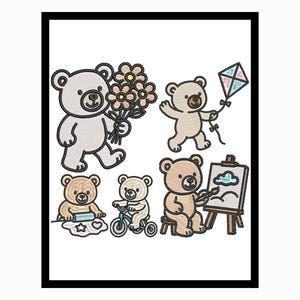 Puede incluir: Diseños bordados de ositos de peluche. Un oso sostiene flores, otro vuela una cometa, uno hornea, otro monta en bicicleta y otro pinta en un caballete pequeño. Los osos son de varios tonos marrones y grises.