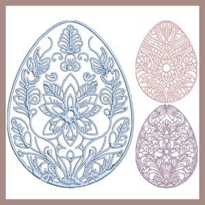 May include: Three decorative Easter eggs with intricate floral designs. The eggs are outlined in white and filled with different pastel colours: light blue, pink, and purple.