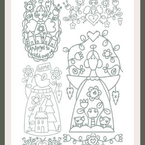 Op de afbeelding: Een zwart-witte lijntekening van drie engelen met vleugels en halo's. De engelen zijn omringd door bloemen, harten en vogels. De tekst "An Angel to watch over me" en "home" is opgenomen in de tekening.