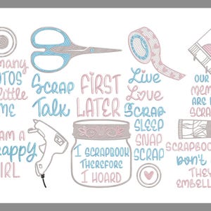 Könnte beinhalten: Eine bunte digitale Illustration mit Text zum Thema Scrapbooking. Der Text enthält Sätze wie "So viele Fotos, so wenig Zeit", "Scrap Talk", "First Later", "Live Love Scrap", "Unsere schönsten Erinnerungen sind im Scrapbook", "Ich bin ein Scrappy Girl", "Ich scrapbook, deshalb horte ich", "Scrapbooker lügen nicht, sie verschönern".