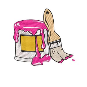 Puede incluir: Un bote de pintura rosa con un pincel. La pintura gotea del bote.