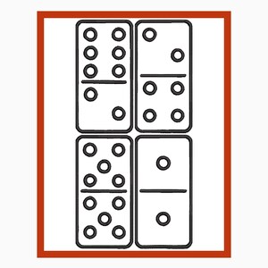 Könnte beinhalten: Vier schwarz-weiße Dominosteine mit unterschiedlichen Punktkonfigurationen werden innerhalb eines roten rechteckigen Rahmens dargestellt. Die Dominosteine sind in einem 2x2-Raster angeordnet und zeigen verschiedene Punktkombinationen.