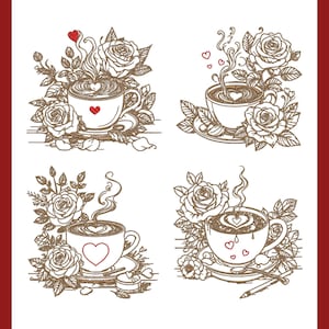 May include: Four illustrations of coffee cups with heart-shaped latte art, surrounded by roses and leaves. Each cup has a different heart design. The images are in a brown and white color scheme, with a red border.
