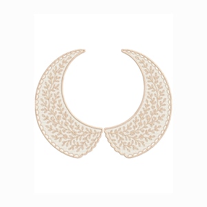 May include: A pair of cream-colored, crescent-shaped lace collars. The collars feature a delicate floral and leaf pattern, with a scalloped edge. The design is symmetrical, with each collar mirroring the other.