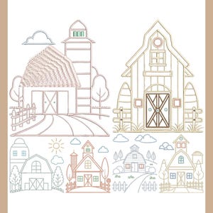 May include: An embroidered artwork depicting a rural scene with barns, silos, and houses. The design uses beige, brown, blue, and green threads to create the buildings, trees, and sky. The artwork is framed with a beige border.