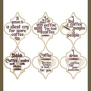 Peut inclure: Six tasses à café illustrées avec des dictons humoristiques sur le thème du café. Les dictons incluent "Un bâillement est un cri silencieux pour plus de café", "Ne fais pas d'efforts avant d'avoir bu mon café", "J'aime le café et peut-être 3 personnes", "Chut... Le café se marie bien avec le silence", "Le café parce que le crack est mauvais pour toi", et "Je bois du café pour ta protection".