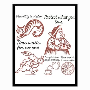 Könnte beinhalten: Gerahmte Illustration mit braunen Linienzeichnungen, die Szenen aus Alice im Wunderland darstellen. Das Bild zeigt die Grinsekatze, die Herzkönigin, das weiße Kaninchen und eine Teeparty-Szene. Der Text enthält Zitate wie "Time waits for no one."