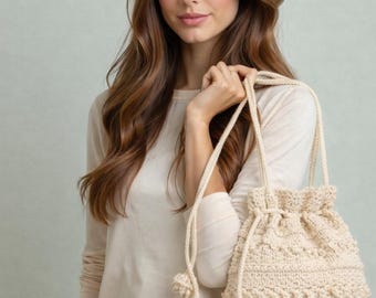 Vintage Crochet Hat & Drawstring Bag Pattern Set PDF, Matching Crochet Accessories, Retro Handbag and Hat, Women's Crochet Fashion Set
