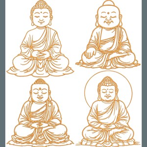 Peut inclure: Quatre dessins au trait de Bouddha en position de méditation assise. Les dessins sont de couleur dorée et sur fond blanc.