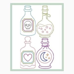 May include: Four decorative potion bottles with different designs. The bottles are outlined in various colors, including blue, green, pink, and purple. The designs include a skull, bubbles, a heart, and a crescent moon with stars.
