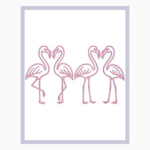 May include: Four pink flamingo illustrations in a row, each with a long neck and legs. The flamingos are facing each other in pairs, with their necks forming heart shapes. The image has a white background and a light purple border.